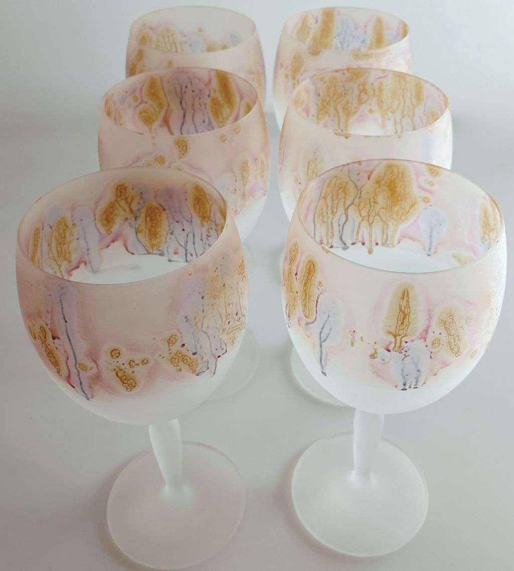 Art Nouveau Reuben 6-Piece Hand-Painted Hebron Frosted Crystal Wine Set - Holyland