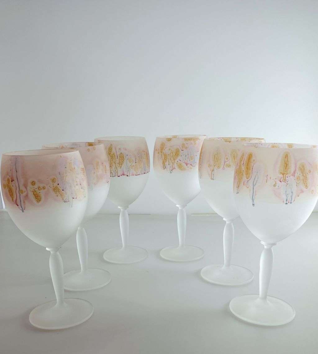 Art Nouveau Reuben 6-Piece Hand-Painted Hebron Frosted Crystal Wine Set - Holyland