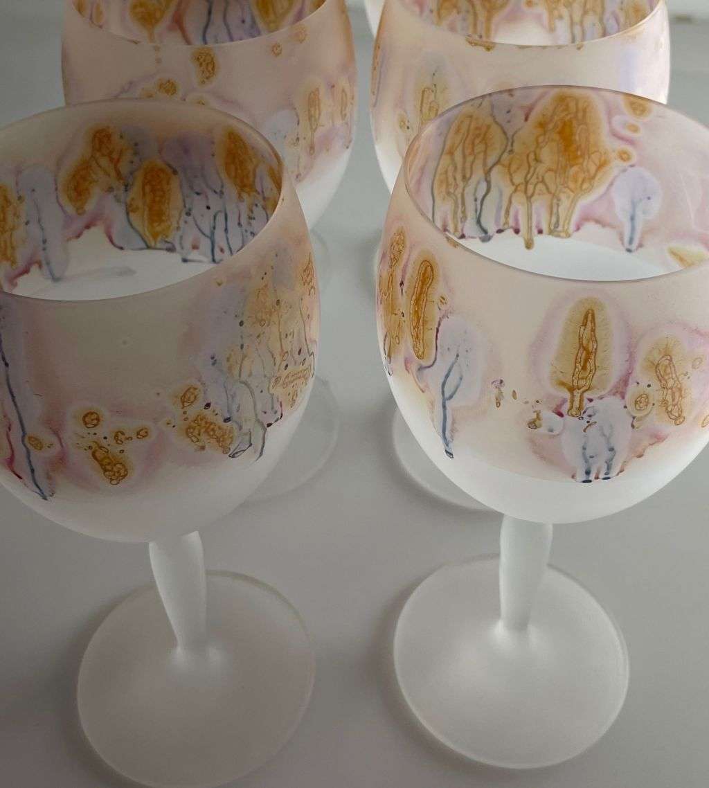 Art Nouveau Reuben 6-Piece Hand-Painted Hebron Frosted Crystal Wine Set - Holyland