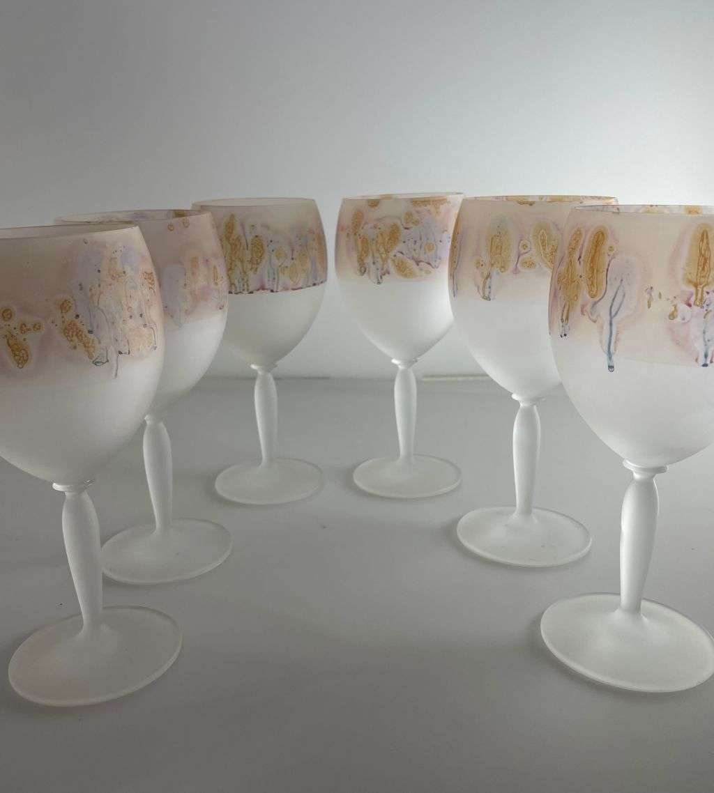 Art Nouveau Reuben 6-Piece Hand-Painted Hebron Frosted Crystal Wine Set - Holyland