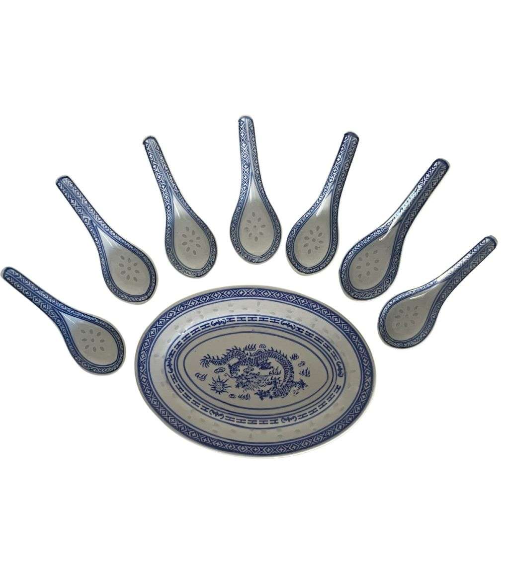 8-Piece Vintage Chinese Porcelain Set - Blue Dragon Motif Spoons & Small Oval Platter