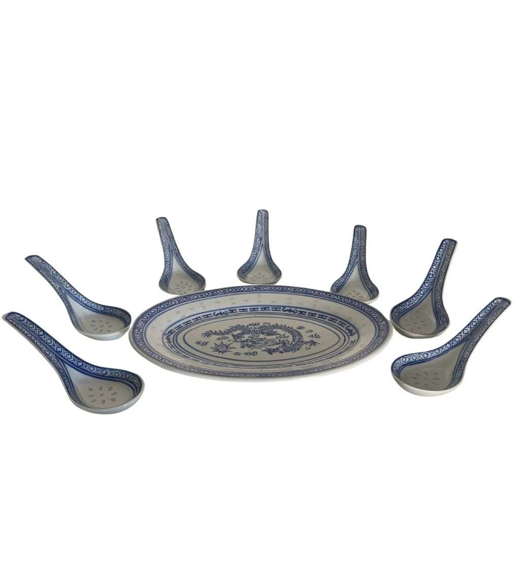 8-Piece Vintage Chinese Porcelain Set - Blue Dragon Motif Spoons & Small Oval Platter