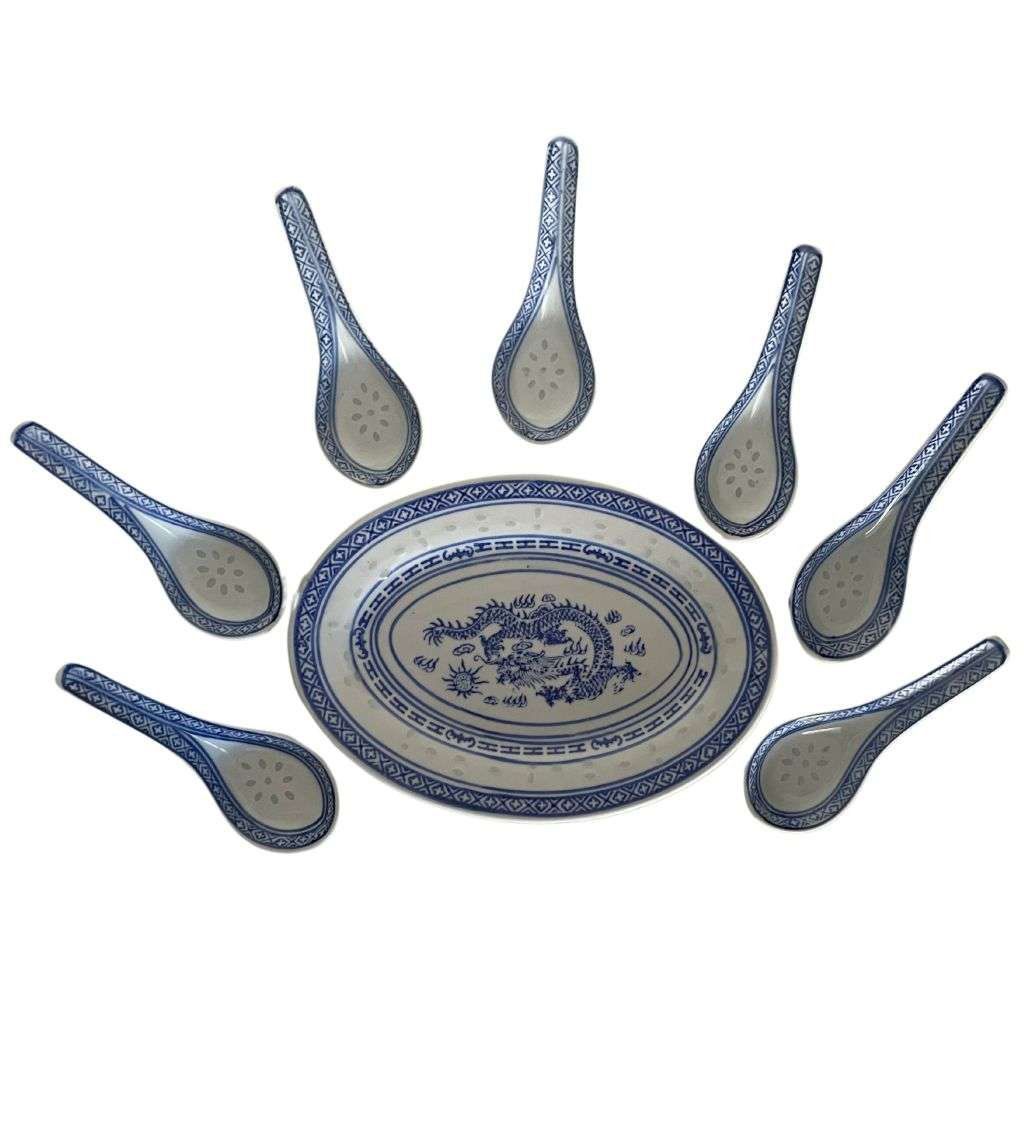 8-Piece Vintage Chinese Porcelain Set - Blue Dragon Motif Spoons & Small Oval Platter