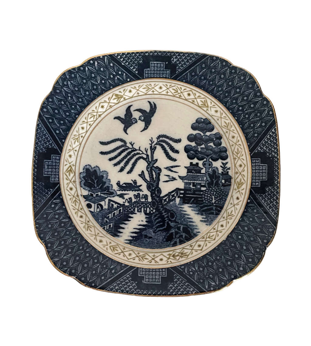 Genuine 1920s Blue Willow Square Side Plate - Art Deco Design, Unmarked, 15cm