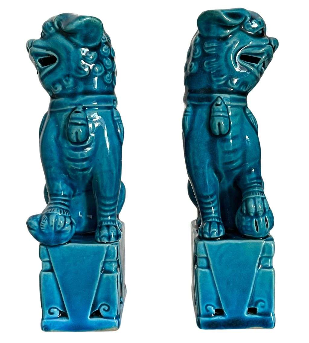 Antique Pair of Jingdezhen Ware Foo Dogs in Turquoise-Blue Glaze