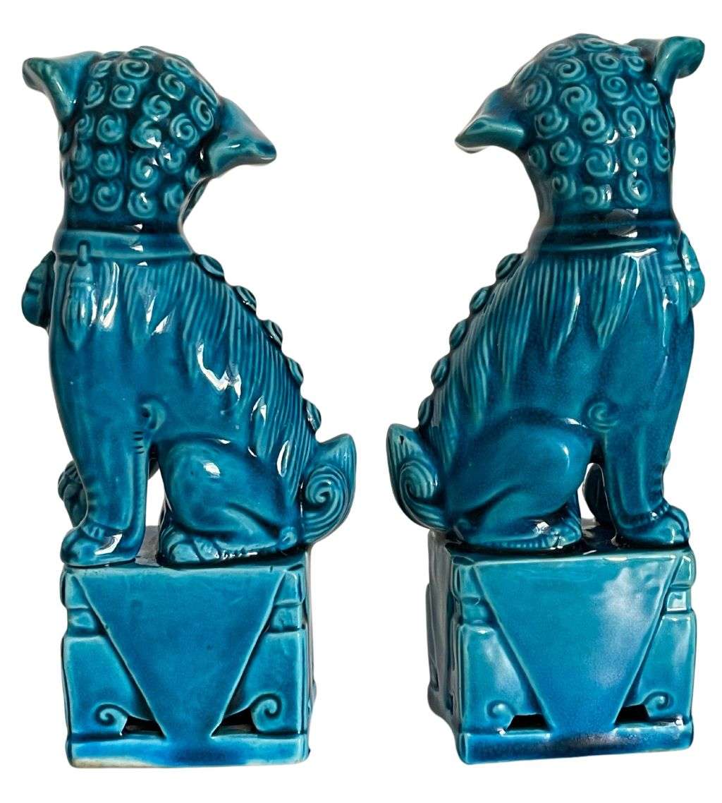 Antique Pair of Jingdezhen Ware Foo Dogs in Turquoise-Blue Glaze