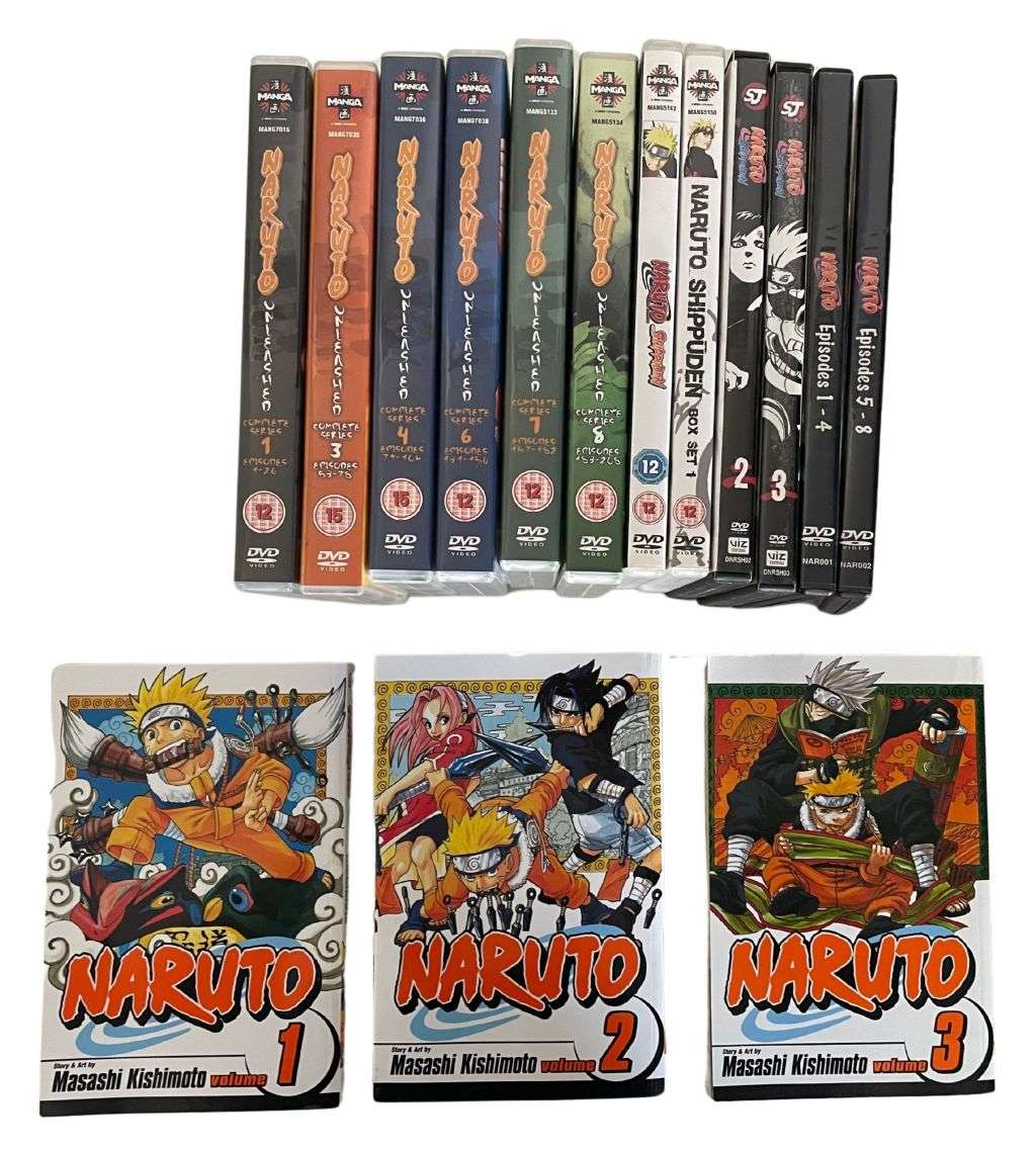 Huge 15-Piece Naruto Episodes Dvd and Manga Paperback Book Set - Complete Adventures and Stories