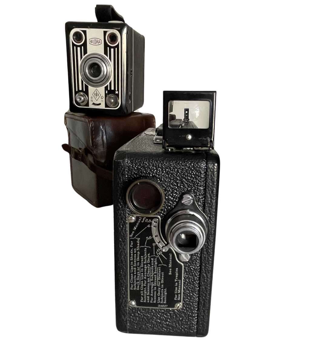 Vintage 1930s CINE Kodak Model BB Junior 16mm Film Camera & Bilora Blitz-Box 120 Film Camera 1948