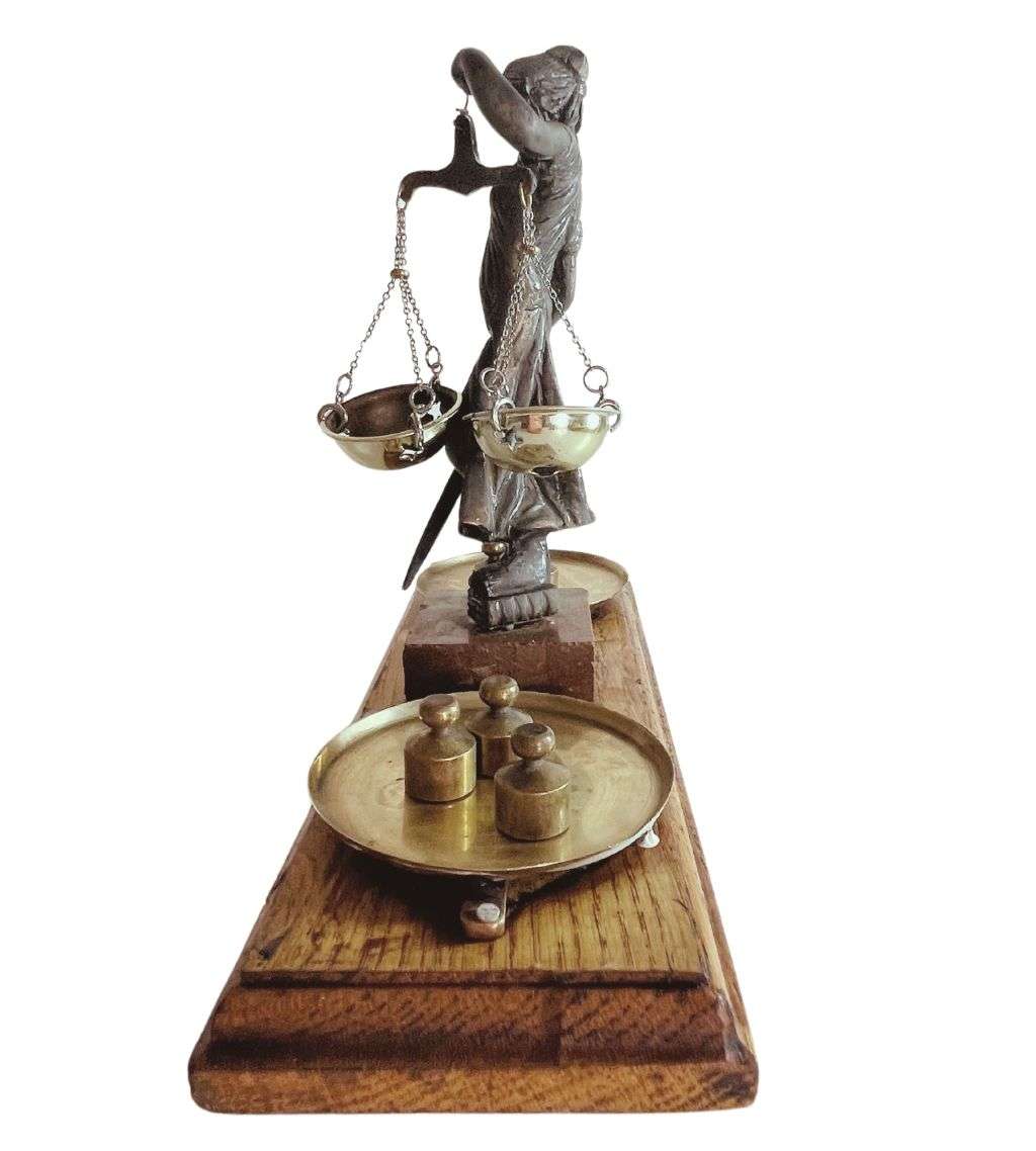 Vintage Lady Justice Greek Goddess Themis Statue  Mounted on Wooden Block