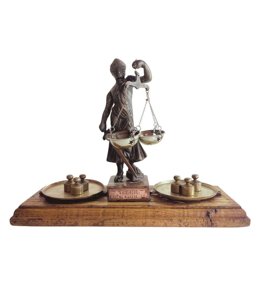 Vintage Lady Justice Greek Goddess Themis Statue  Mounted on Wooden Block