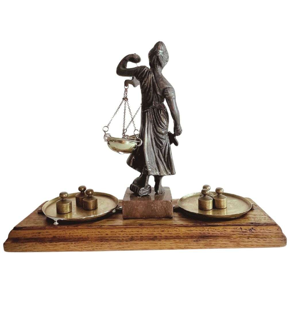 Vintage Lady Justice Greek Goddess Themis Statue  Mounted on Wooden Block