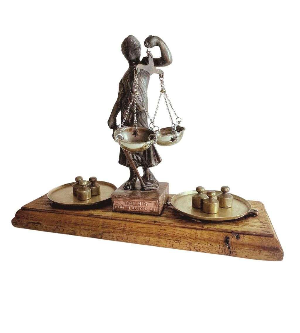 Vintage Lady Justice Greek Goddess Themis Statue  Mounted on Wooden Block