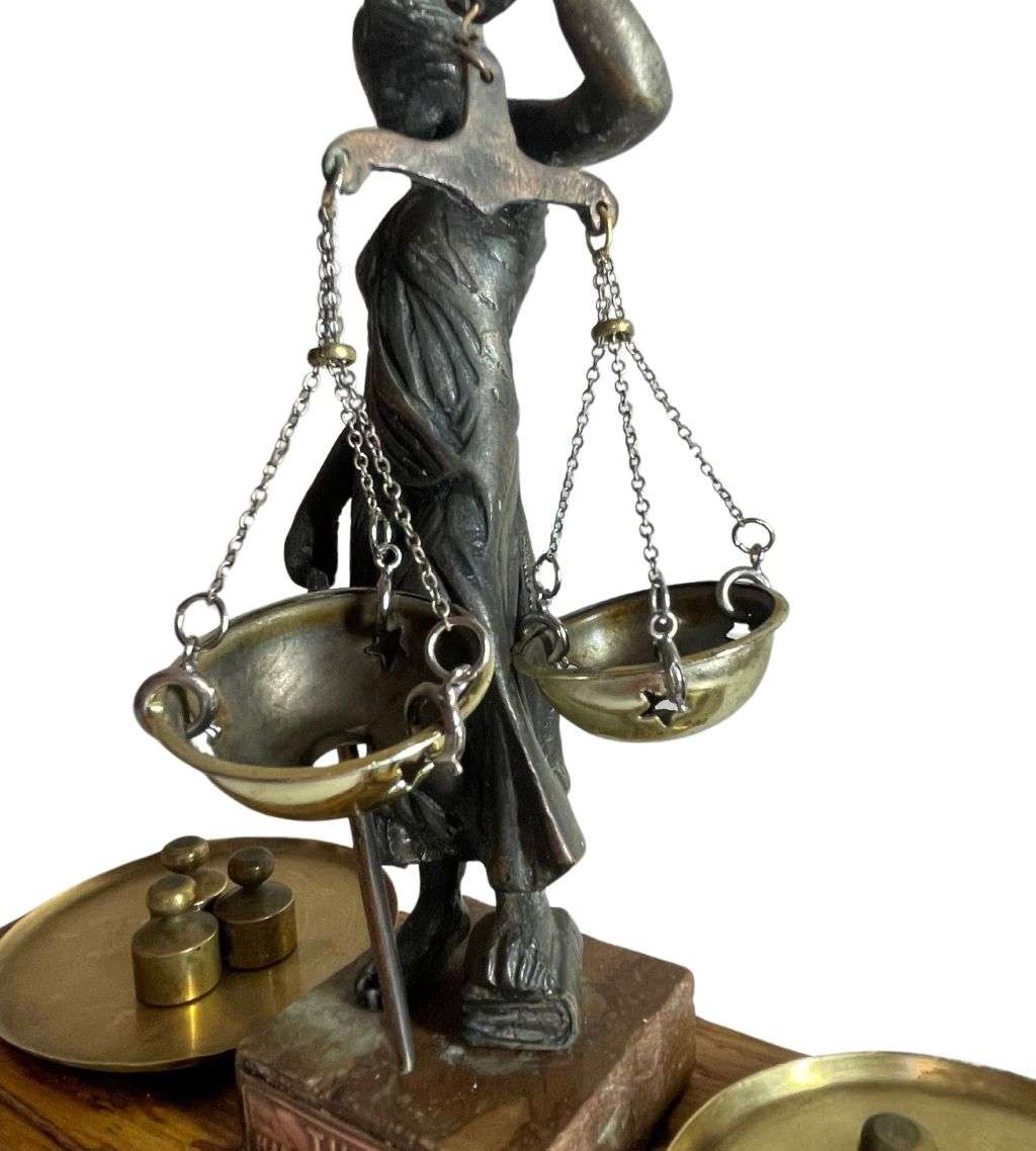 Vintage Lady Justice Greek Goddess Themis Statue  Mounted on Wooden Block