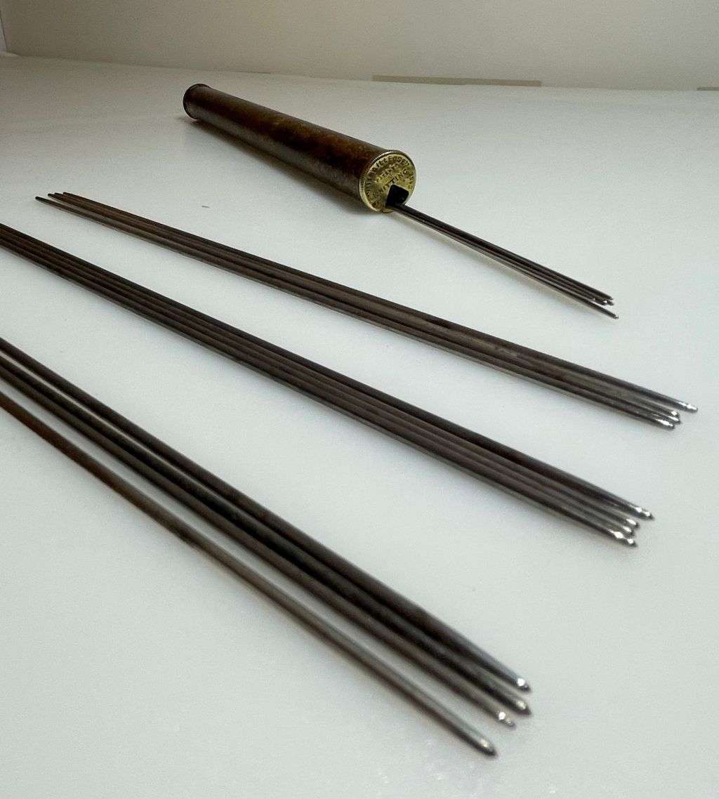 Reduced! Antique Brass Mitrailleuse Knitting Pin Case by Jahncke Patent London - Complete with 16