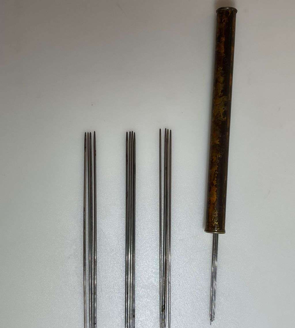 Reduced! Antique Brass Mitrailleuse Knitting Pin Case by Jahncke Patent London - Complete with 16