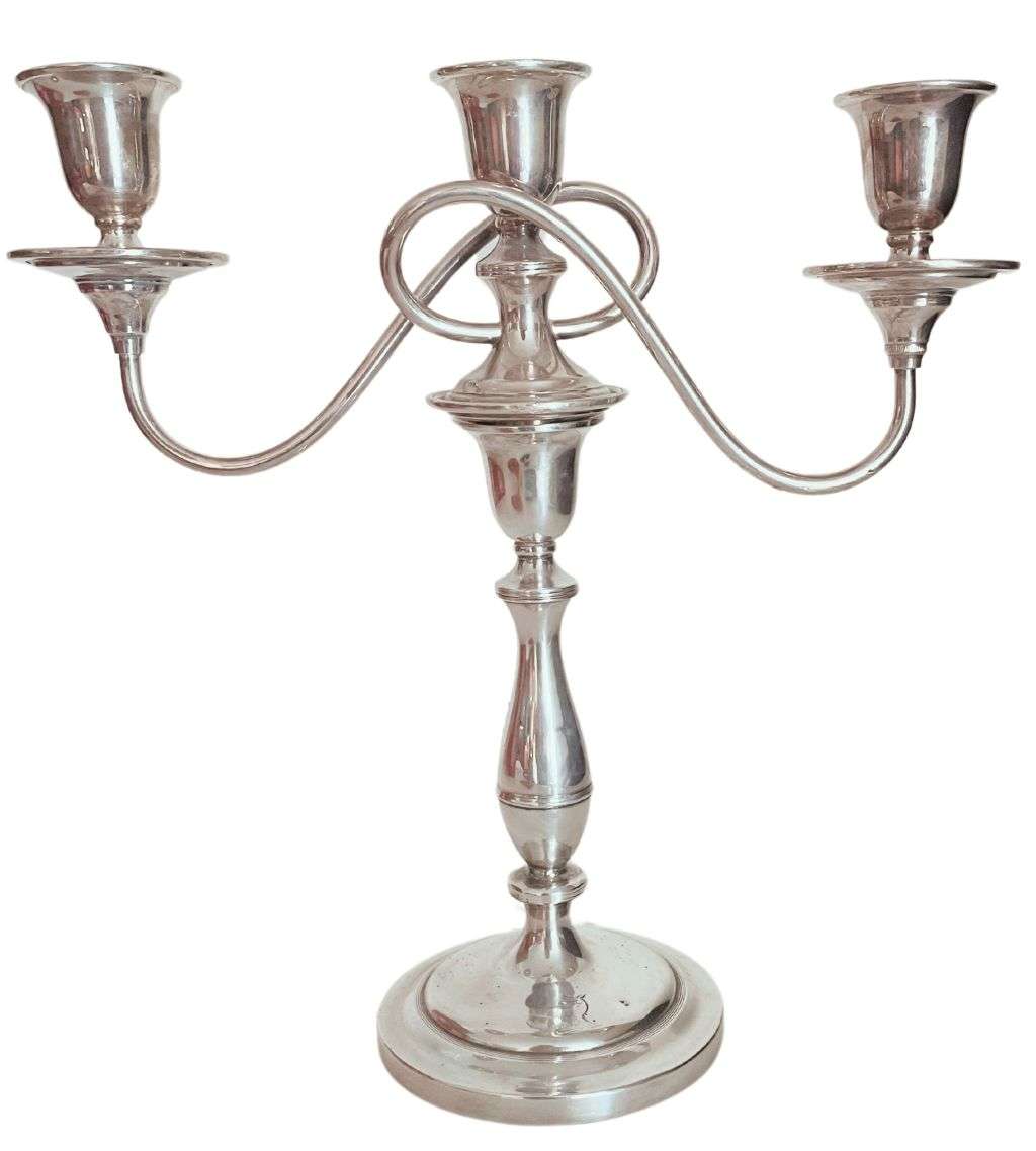 Reduced! Antique 3 Arm Colonial Silver Plated Candelabra with Axe Mark - Wilbraham Family Crest