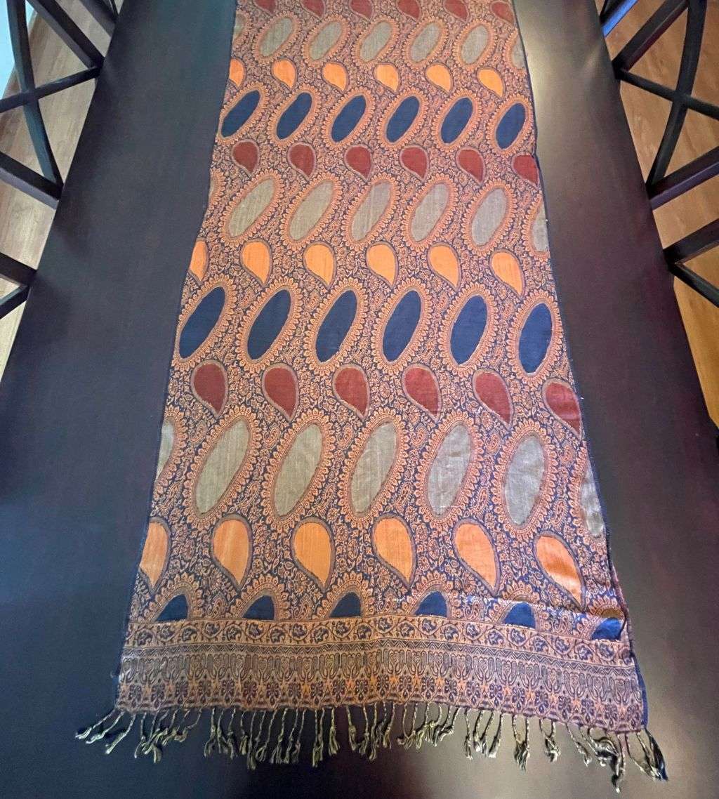 Vintage Luxury Super Soft Cashmere Pashmina Women's Shawl  Navy Blue and Burnt Orange