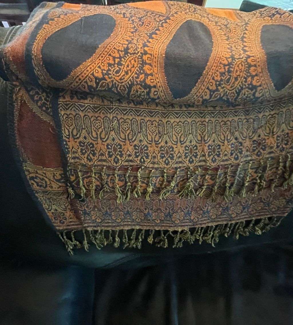 Vintage Luxury Super Soft Cashmere Pashmina Women's Shawl  Navy Blue and Burnt Orange