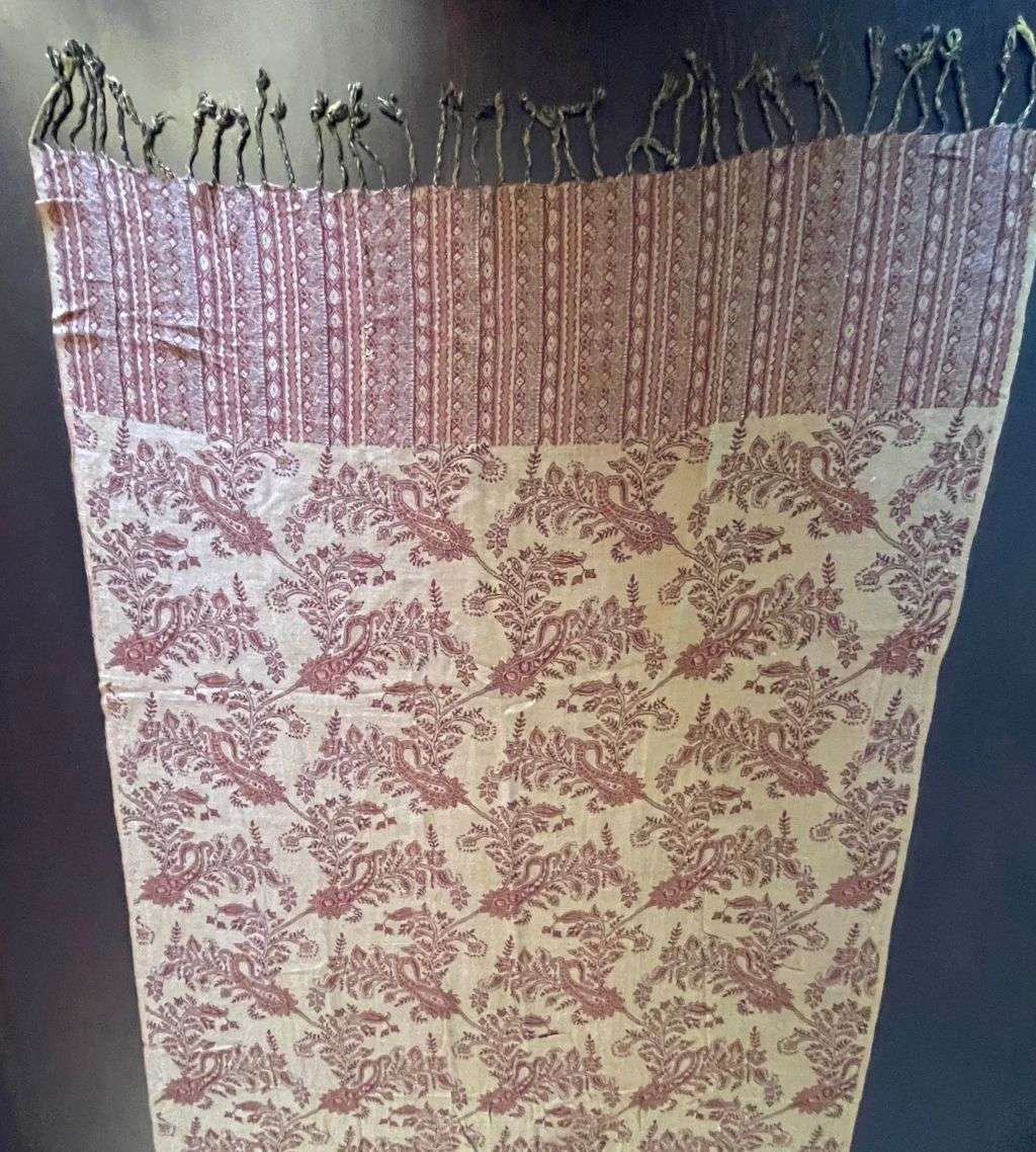 Vintage Luxury Super Soft Cashmere Pashmina Women's Shawl  Tan Beech and Maroon Silk Mix with Fring