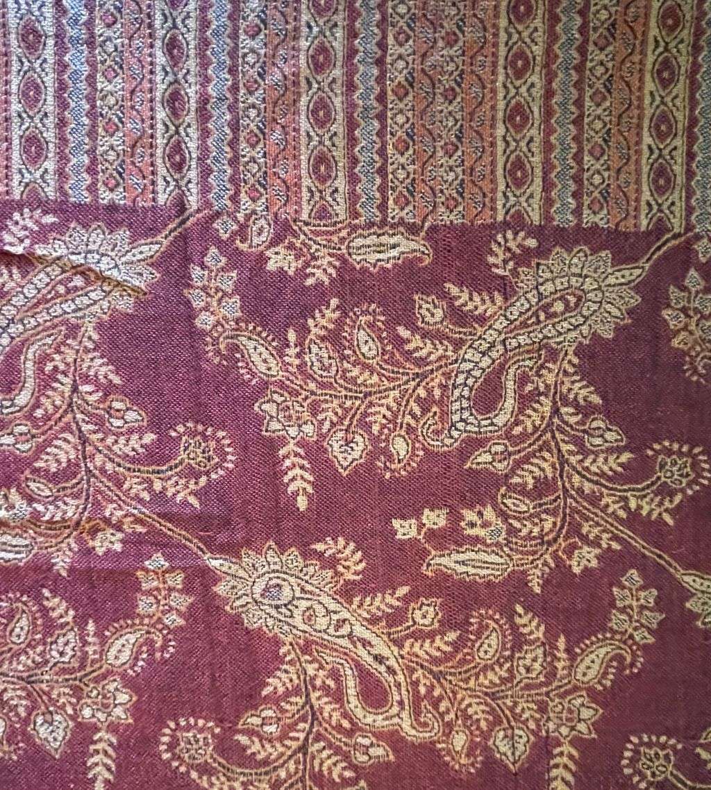 Vintage Luxury Super Soft Cashmere Pashmina Women's Shawl  Tan Beech and Maroon Silk Mix with Fring