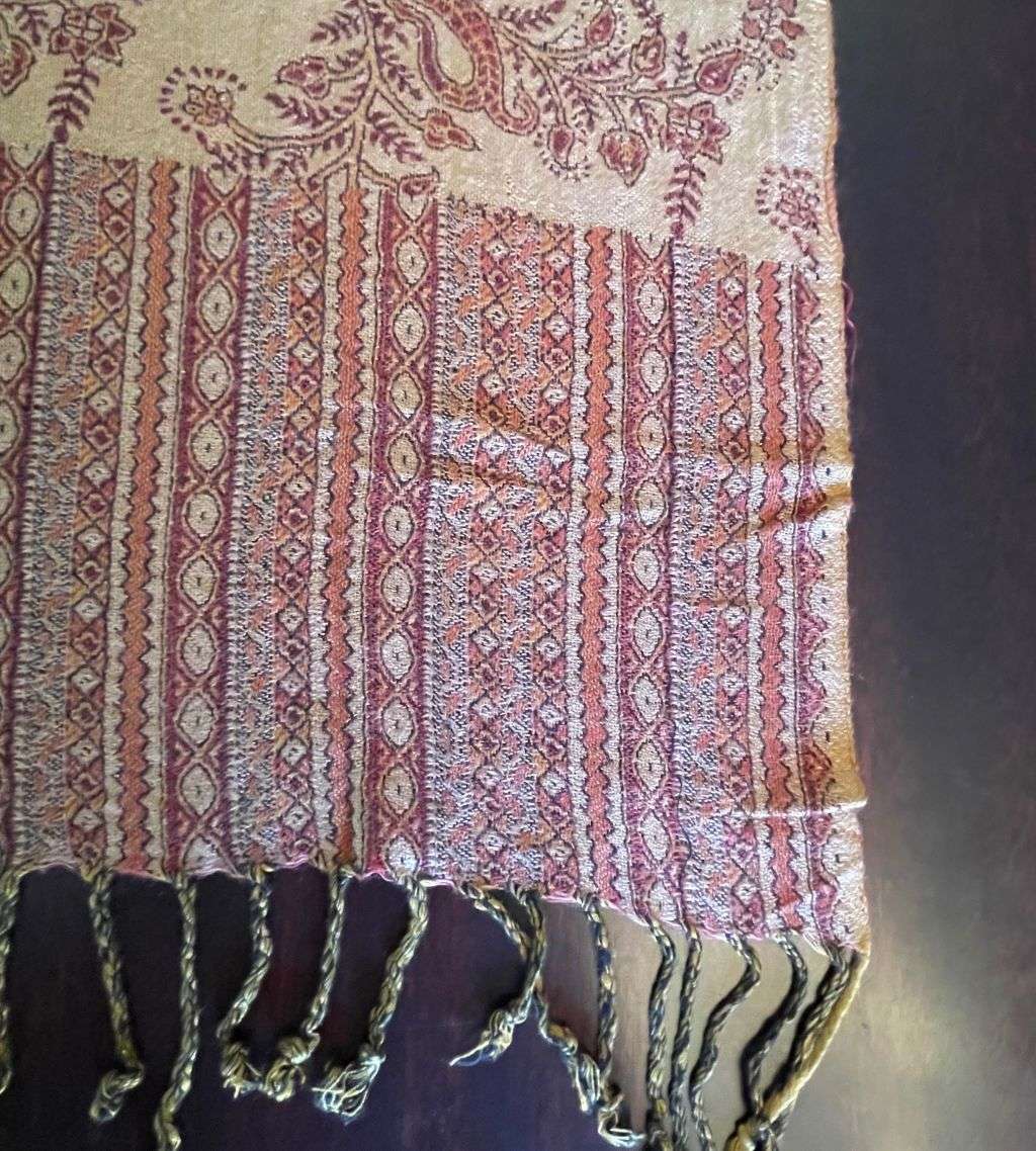 Vintage Luxury Super Soft Cashmere Pashmina Women's Shawl  Tan Beech and Maroon Silk Mix with Fring