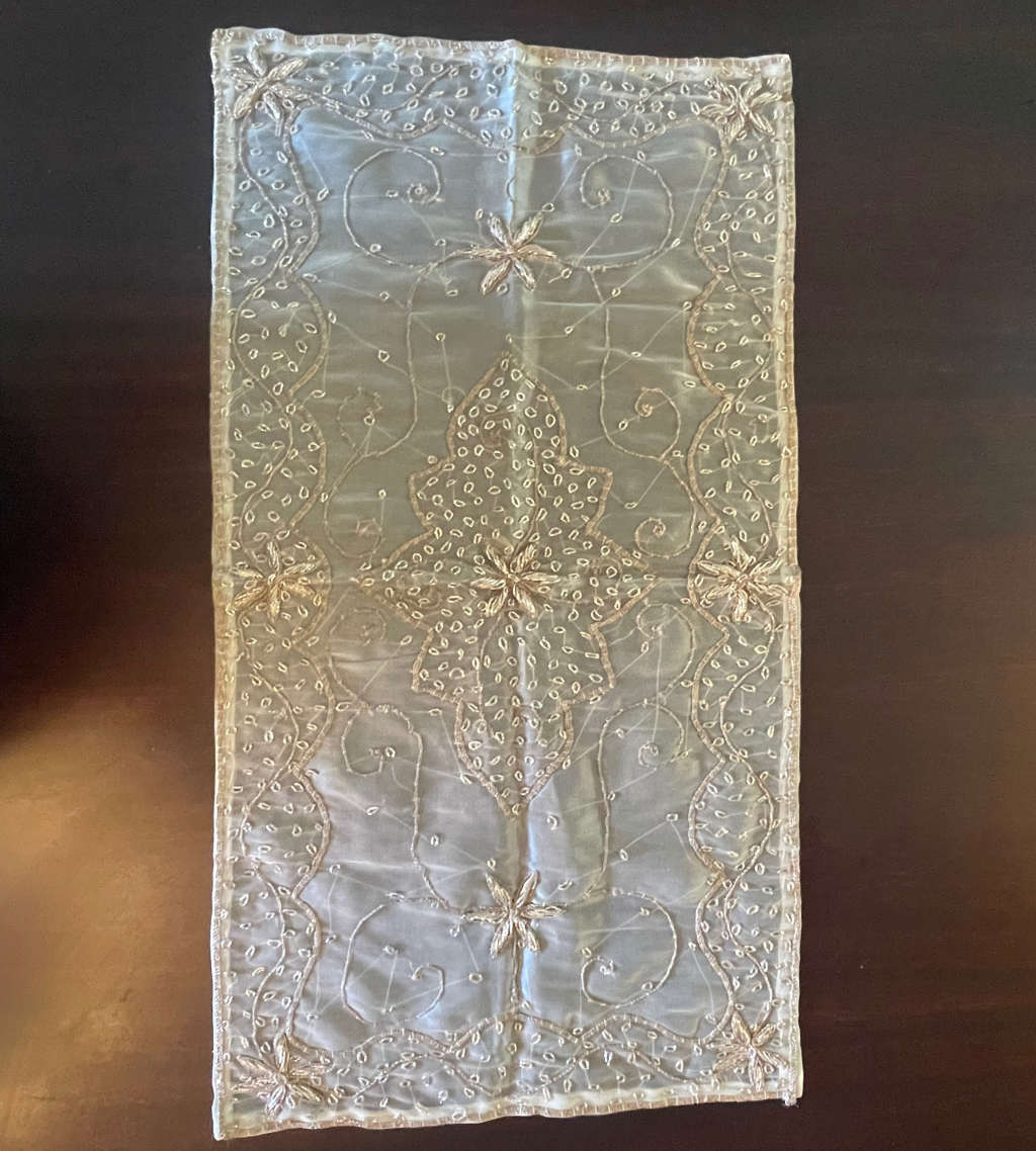 Reduced! Vintage Handmade Embroidered Silk Organza Tablecloth with Beaded Silver Wire - Zardosi