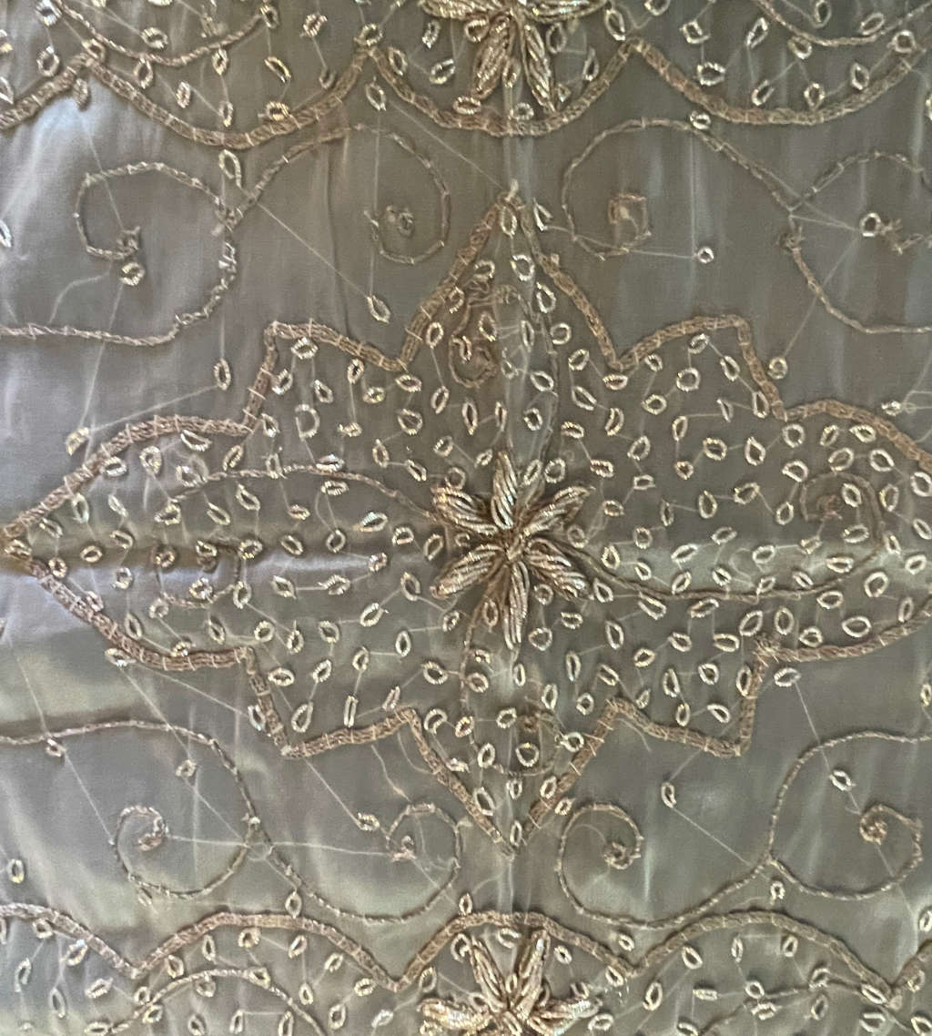 Reduced! Vintage Handmade Embroidered Silk Organza Tablecloth with Beaded Silver Wire - Zardosi
