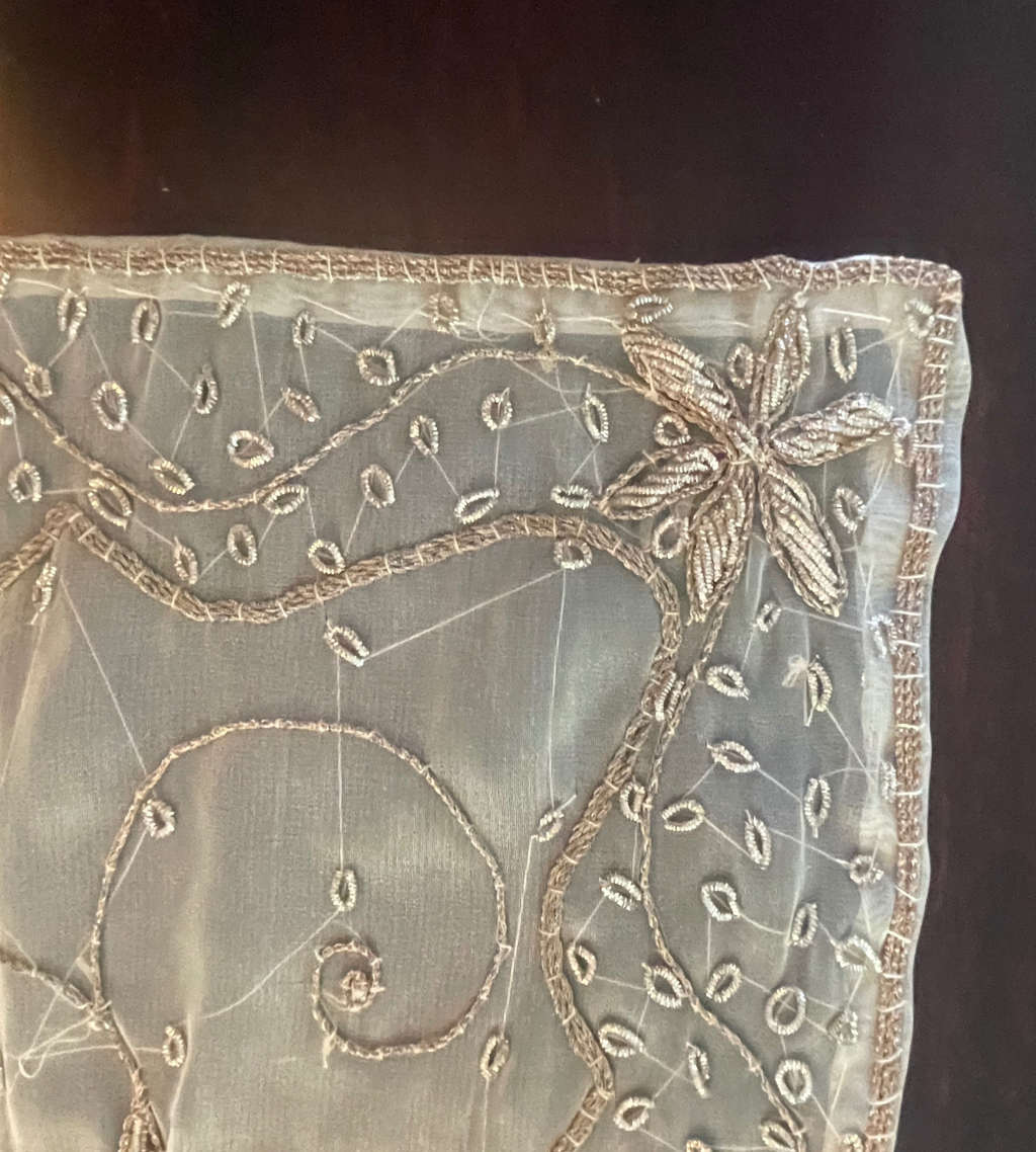 Reduced! Vintage Handmade Embroidered Silk Organza Tablecloth with Beaded Silver Wire - Zardosi