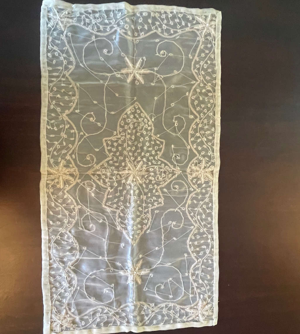 Reduced! Vintage Handmade Embroidered Silk Organza Tablecloth with Beaded Silver Wire - Zardosi