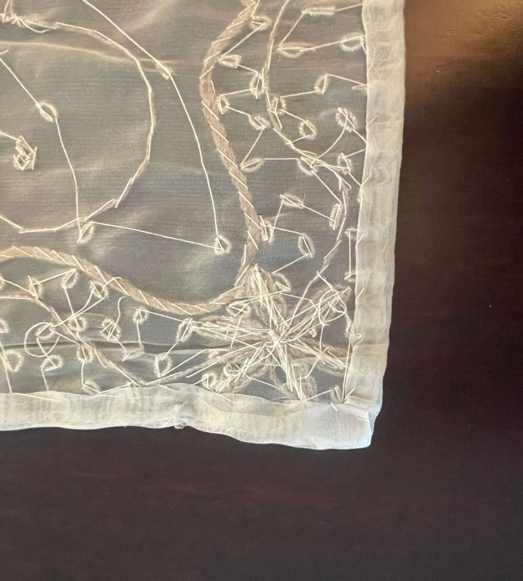 Reduced! Vintage Handmade Embroidered Silk Organza Tablecloth with Beaded Silver Wire - Zardosi