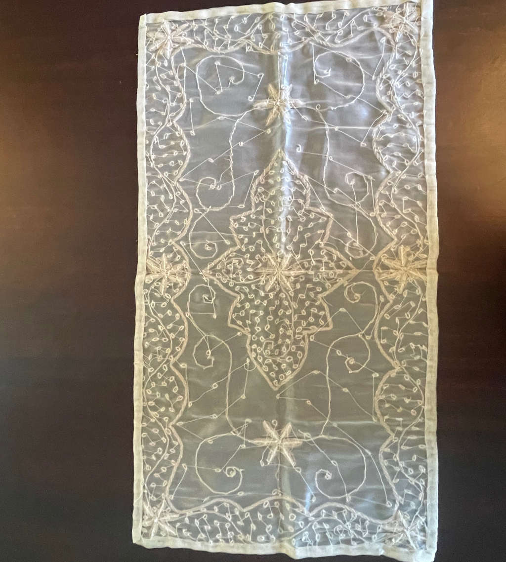 Reduced! Vintage Handmade Embroidered Silk Organza Tablecloth with Beaded Silver Wire - Zardosi