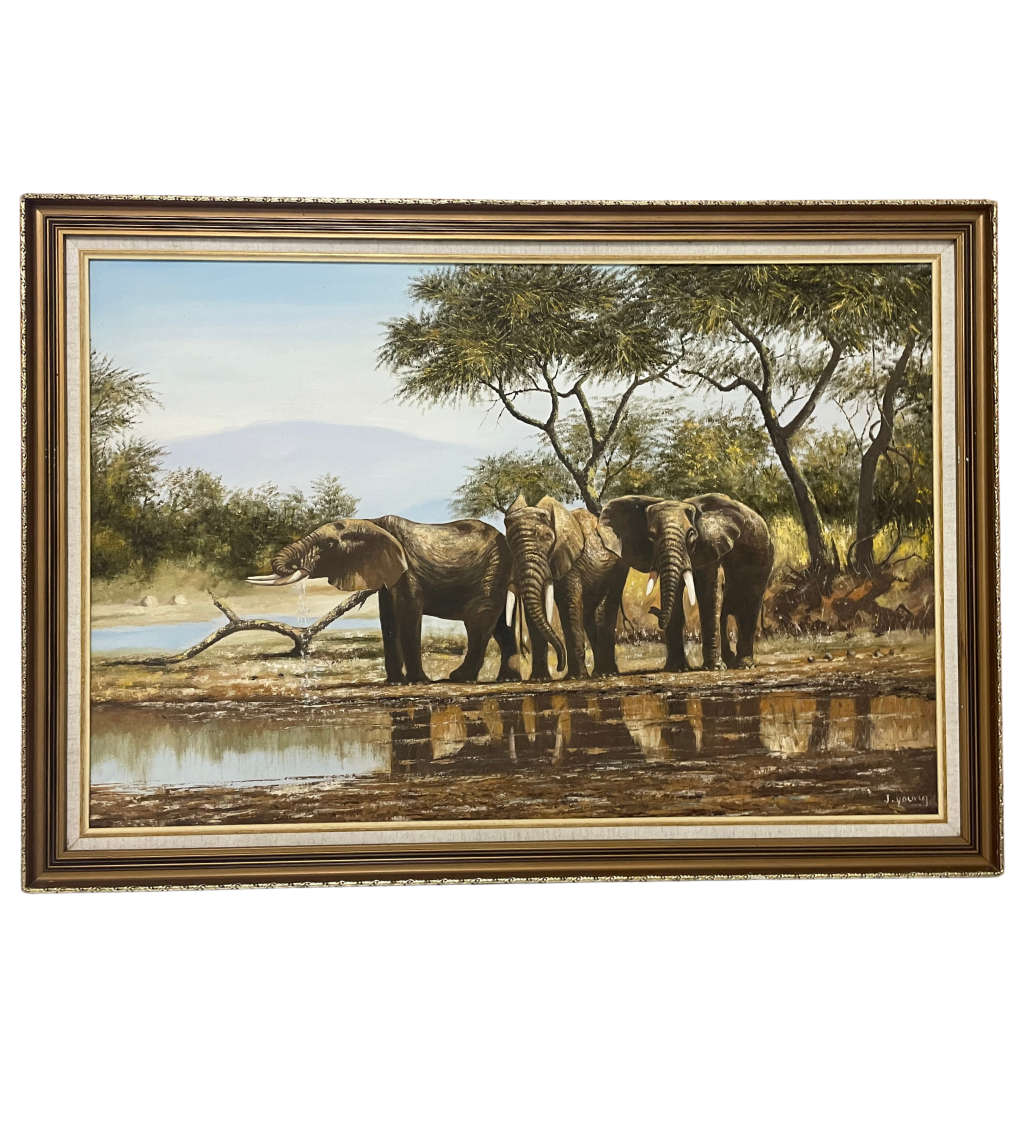 Reduced! Painting J. Young Signed African Landscape Oil on Board - Elephants at Watering Hole