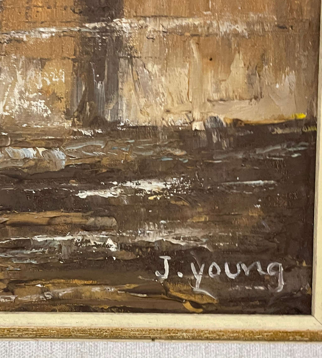 Reduced! Painting J. Young Signed African Landscape Oil on Board - Elephants at Watering Hole