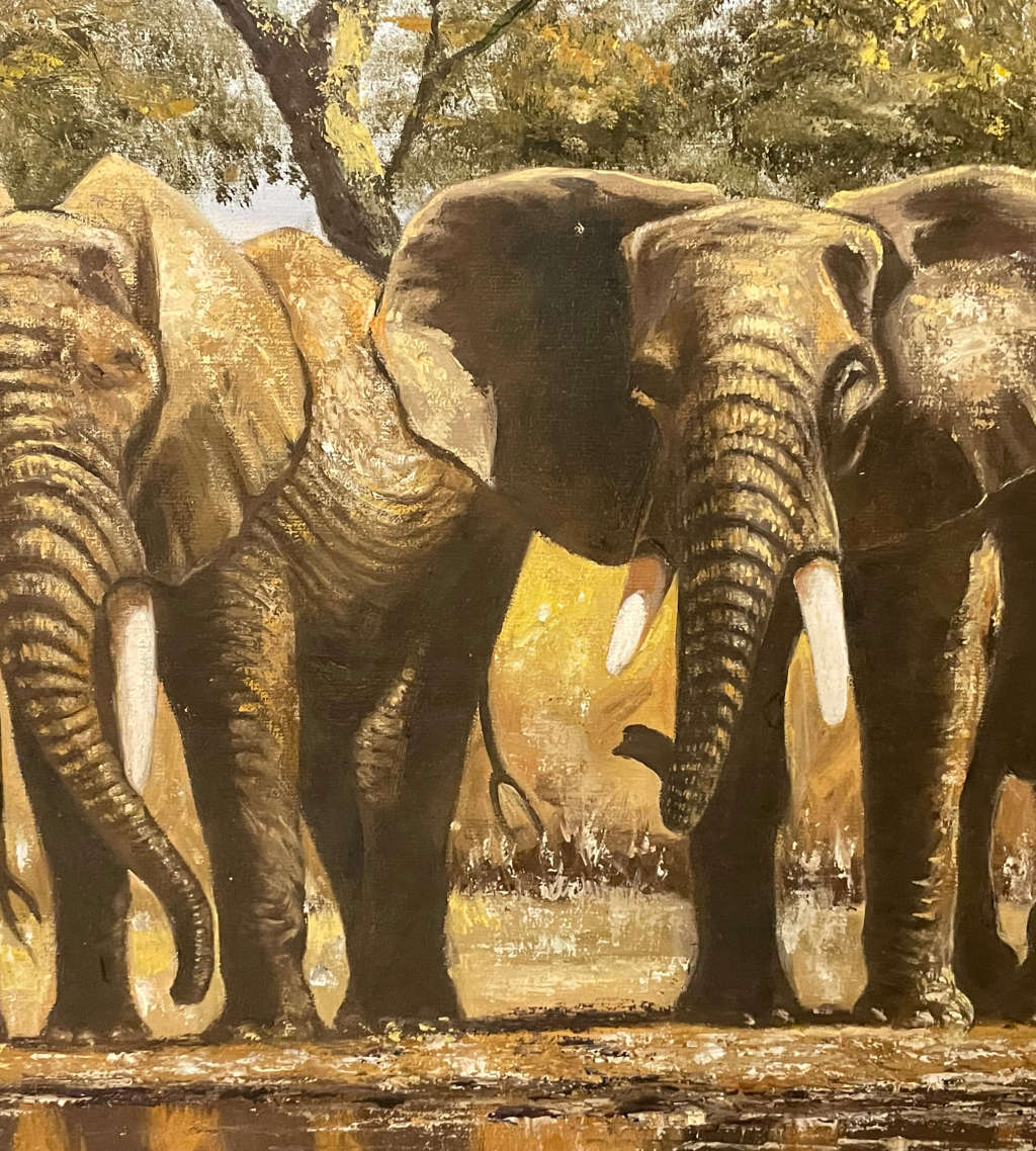 Reduced! Painting J. Young Signed African Landscape Oil on Board - Elephants at Watering Hole