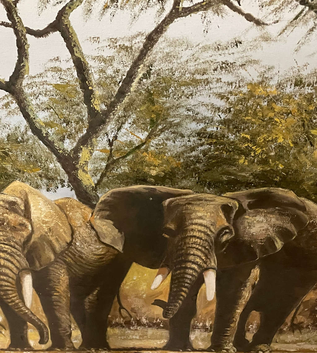Reduced! Painting J. Young Signed African Landscape Oil on Board - Elephants at Watering Hole