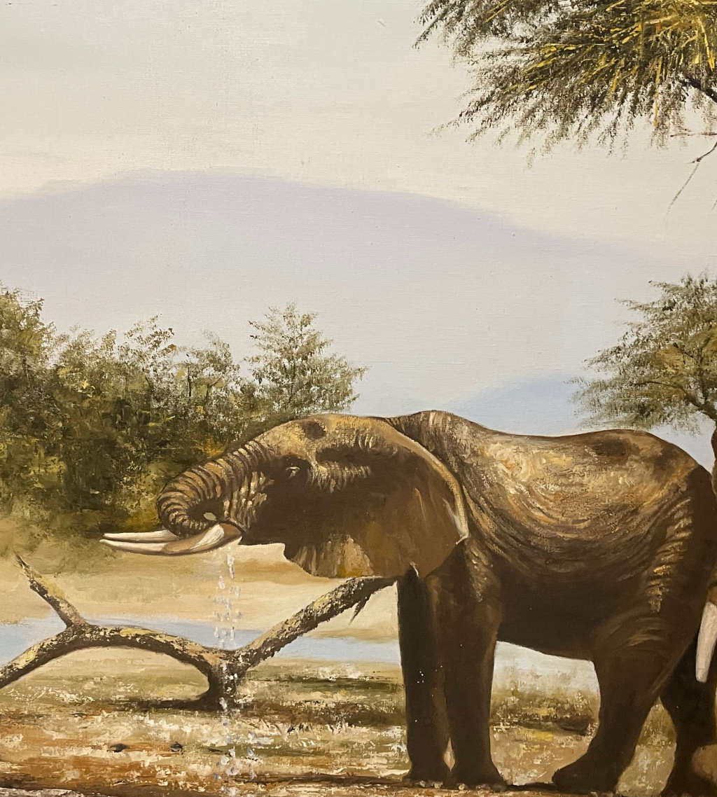 Reduced! Painting J. Young Signed African Landscape Oil on Board - Elephants at Watering Hole