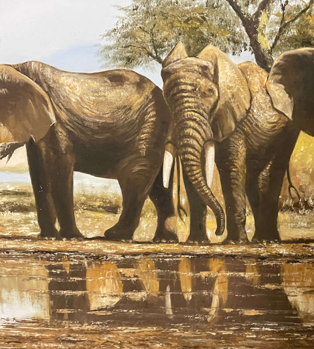 Reduced! Painting J. Young Signed African Landscape Oil on Board - Elephants at Watering Hole