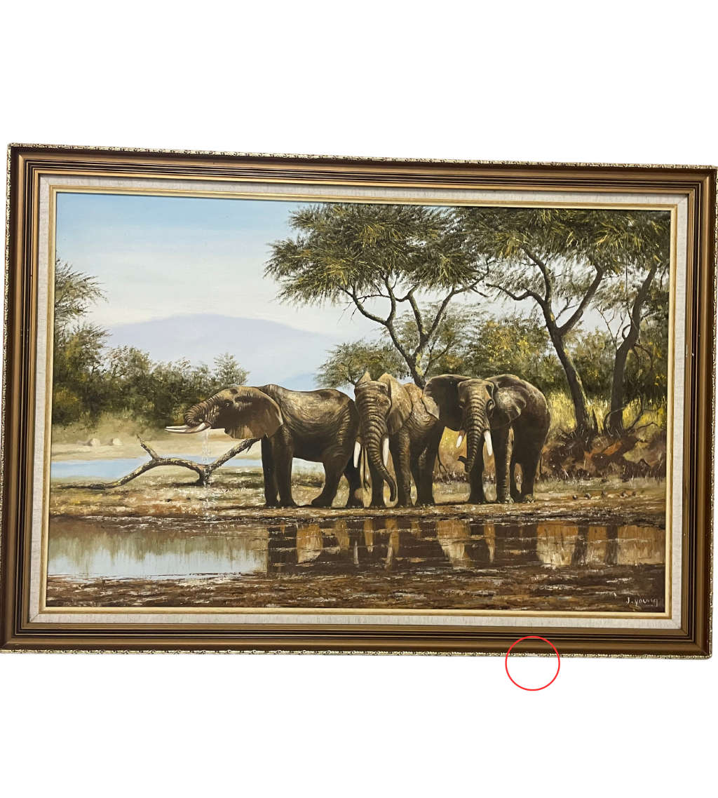 Reduced! Painting J. Young Signed African Landscape Oil on Board - Elephants at Watering Hole