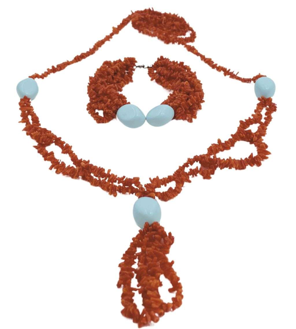 Reduced! Vintage 1970s Real Branch Coral Bracelet and Necklace Set with 925 Silver Clasp