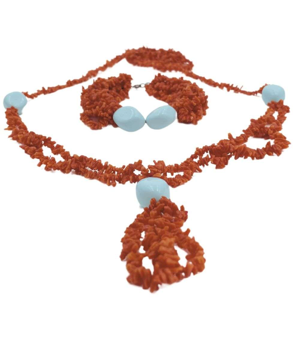 Reduced! Vintage 1970s Real Branch Coral Bracelet and Necklace Set with 925 Silver Clasp