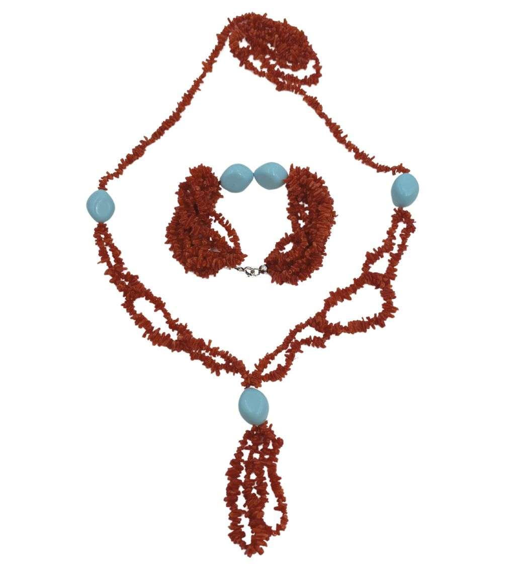 Reduced! Vintage 1970s Real Branch Coral Bracelet and Necklace Set with 925 Silver Clasp