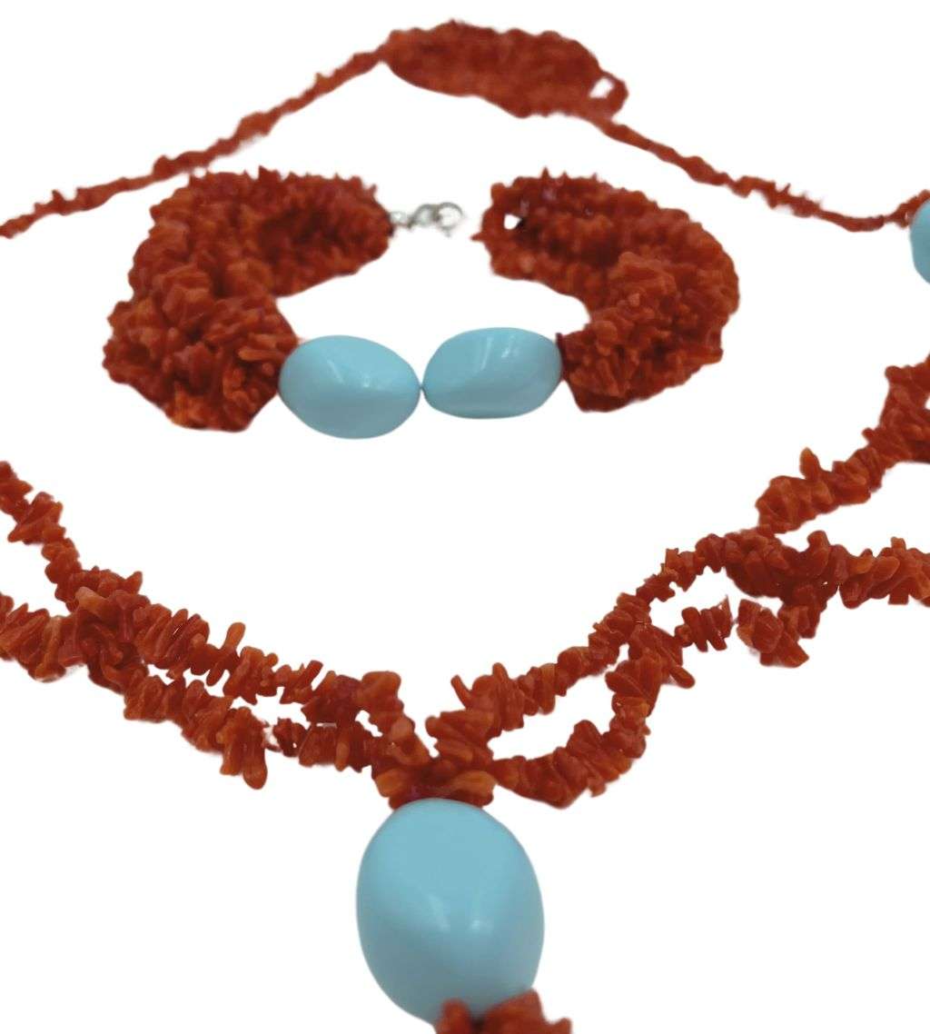 Reduced! Vintage 1970s Real Branch Coral Bracelet and Necklace Set with 925 Silver Clasp