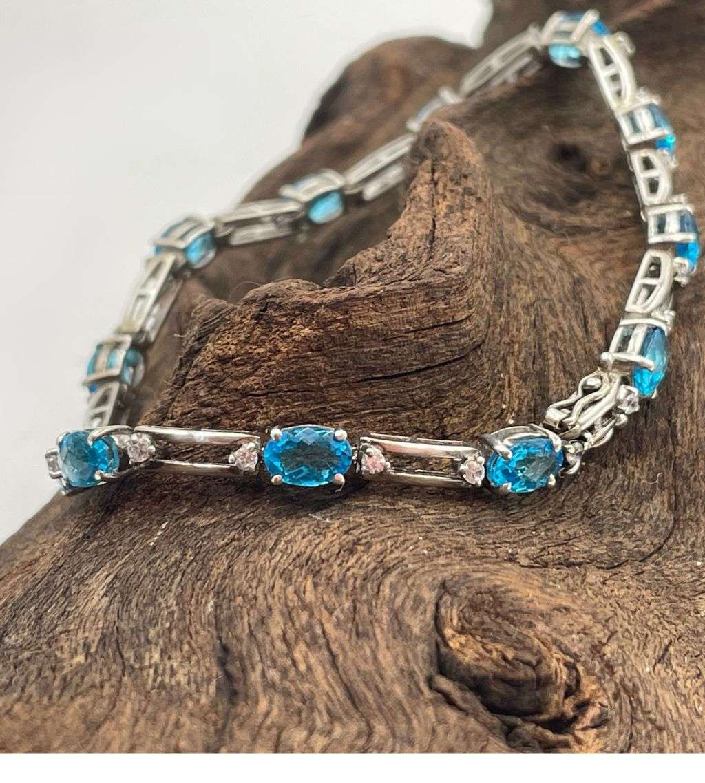 Vintage Sterling Silver Blue Topaz & CZ Link Tennis Bracelet - 925 Silver, 18cm, JH Marked