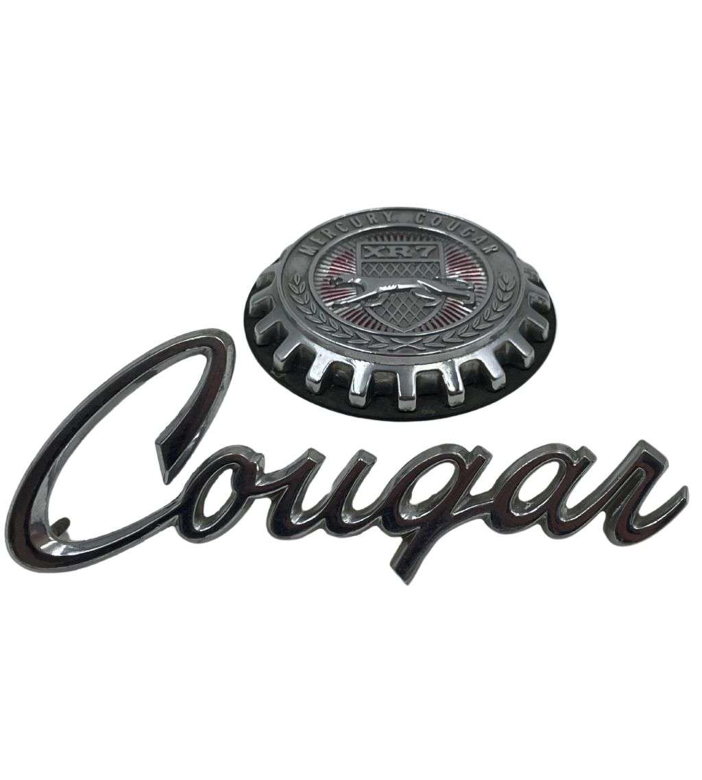 Original 1970 Mercury Cougar XR7 Hardtop Roof Emblem & Fender Extension Script Emblem - Rare Parts