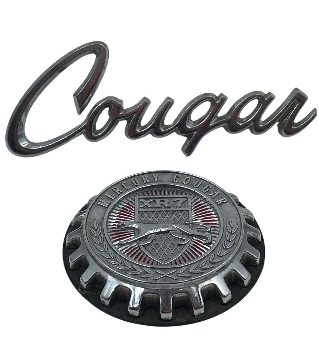 Original 1970 Mercury Cougar XR7 Hardtop Roof Emblem & Fender Extension Script Emblem - Rare Parts