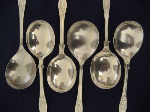 Six Kings Pattern Silver Plated Soup Spoons