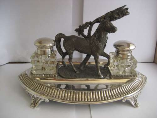 UNIQUE EQUESTRIAN INKSTAND SILVER PLATE AND SPELTER