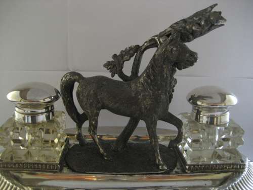 UNIQUE EQUESTRIAN INKSTAND SILVER PLATE AND SPELTER