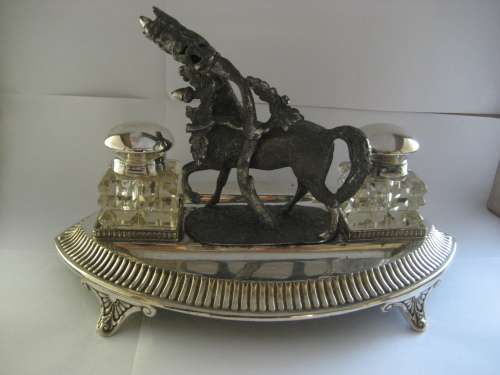 UNIQUE EQUESTRIAN INKSTAND SILVER PLATE AND SPELTER