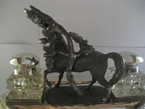 UNIQUE EQUESTRIAN INKSTAND SILVER PLATE AND SPELTER